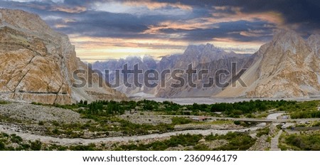 Passu is a popular tourist destination in Pakistan and all over the world because of its easily accessible sweeping landscapes, and vistas of the 7,478 m (24,534 ft) tall Passu Sar mountain, the Passu Royalty-Free Stock Photo #2360946179