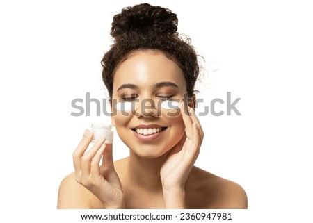 PNG,attractive girl with face cream in handst, isolated on white background