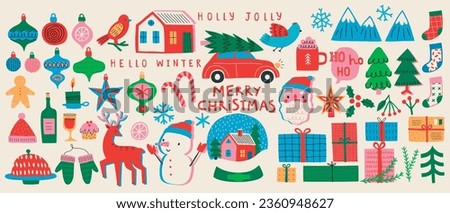Christmas set of graphic elements, hand drawn style - cute objects, snowmen, Santa Claus and other elements. Vector illustration.