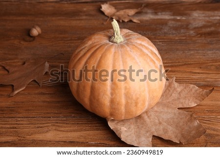 Raw pumpkin, dry leaves and acorns for Halloween celebration on wooden background, closeup