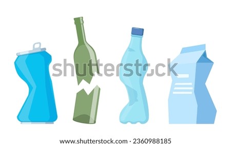 Paper, plastic, aluminium and glass items for recycling. Crushed bottle, can and paper bag. Garbage recycle concept. Vector illustration Royalty-Free Stock Photo #2360988185