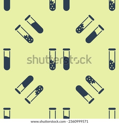 Blue Test tube and flask - chemical laboratory test icon isolated seamless pattern on yellow background. Laboratory glassware sign.  Vector Illustration