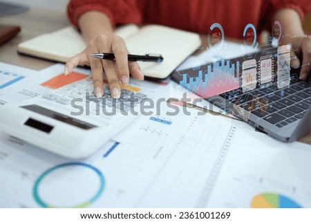 Business hands working with business analysing and planning sales, Business strategy and digital marketing concept. Royalty-Free Stock Photo #2361001269