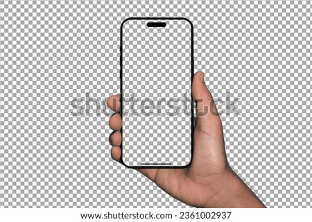 Smartphone similar to iphone 15 with blank white screen for Infographic Global Business Marketing Plan, mockup model similar to Phone isolated Background of digital investment economy - Clipping Path