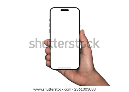 Man hand holding black smartphone isolated on white background, Hand holding smart phone Mockup and screen Transparent, Infographic Business web site design app, clipping path
