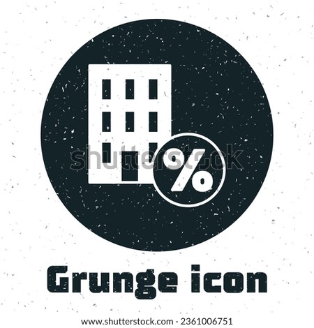 Grunge House with percant discount tag icon isolated on white background. Real estate home. Credit percentage symbol. Monochrome vintage drawing. Vector