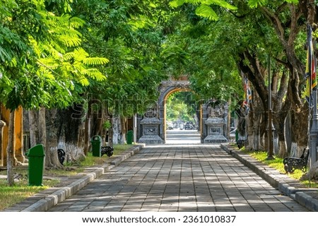 Road to Hien Nhơn gate in the Imperial City with the Purple Forbidden City within the Citadel in Hue, Vietnam. Imperial Royal Palace of Nguyen dynasty. Popular with Thailand tour 
