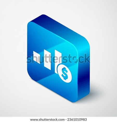Isometric Pie chart infographic and dollar symbol icon isolated on grey background. Diagram chart sign. Blue square button. Vector