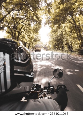 view of nature's lush green tapestry unfolding before my eyes. The open road stretched out ahead, flanked by towering trees on either side Royalty-Free Stock Photo #2361011063