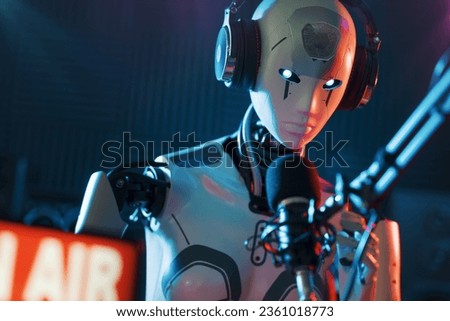 Humanoid AI robot working at the radio station studio, artificial intelligence and entertainment concept Royalty-Free Stock Photo #2361018773