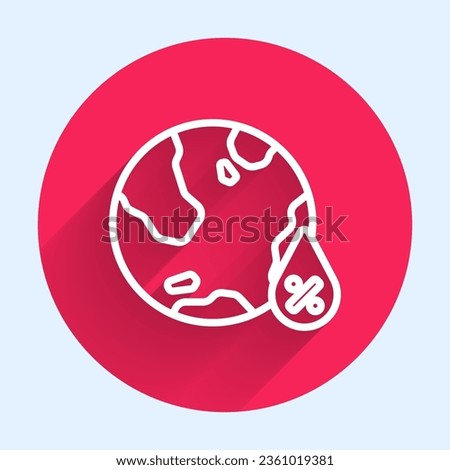 White line Water drop percentage icon isolated with long shadow. Humidity analysis. Red circle button. Vector