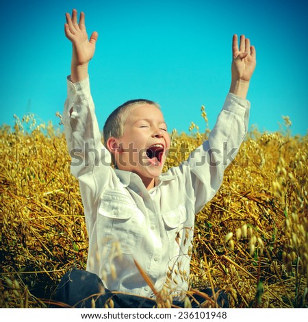 Toned Photo of Happy Kid with Hands Up in the Wheat Field