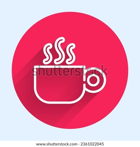 White line Coffee cup icon isolated with long shadow. Tea cup. Hot drink coffee. Red circle button. Vector