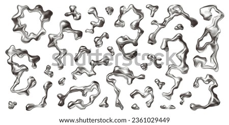 Chrome 3D liquid metal elements set in Y2K style. Wavy metal shapes and silver droplets. Abstract form and element design. Ideal for futuristic chrome visuals and 3D design projects Royalty-Free Stock Photo #2361029449