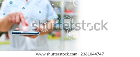 Pharmacist using mobile smart phone for search bar on display in pharmacy drugstore shelves background. Online medical concept, copy space