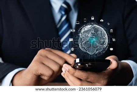Financial technology concept. Businessman using mobile phone for online banking with Global Internet connection. Business global internet connection application technology and digital marketing.