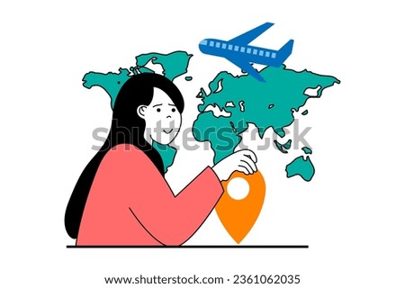 Travel vacation concept with people scene in flat web design. Woman planning trip route at global map with flights and booking hotel. Vector illustration for social media banner, marketing material.