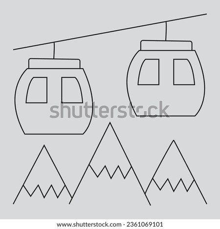 Cable Car Line and Silhouette Black Icon Set. Silhouette of two air cable cabins vector illustration. air cable cabins vector icon.
