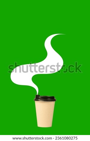 Coffee to go for better mood and day energy. Carton cup with warm coffee drink isolated on green background. Concept of popular drink, taste. Minimal design. Copy space for ad. Flyer