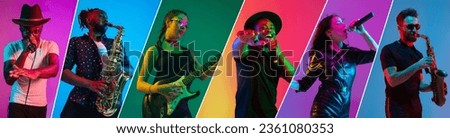 Collage made of different people, men and women singing, playing musical instruments on colorful background in neon. Concept of music, hobby, festival, concert, fashion, art, performance Royalty-Free Stock Photo #2361080353