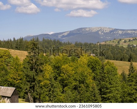 Carpathian landscape with cloudy sky. Green meadows with barn and houses in mountains near forest. Lifestyle in the Carpathian region. Ecology protection concept. Explore the beauty of the world.