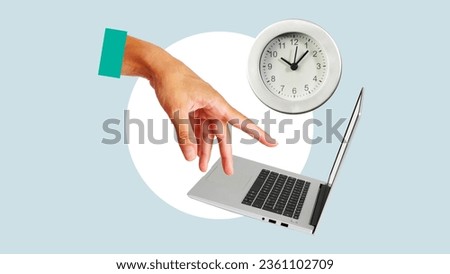 Work time art collage with Female hand with laptop and the clock. Concept of finance, economy, professional occupation, business and career. Full Time - Part Time job Royalty-Free Stock Photo #2361102709