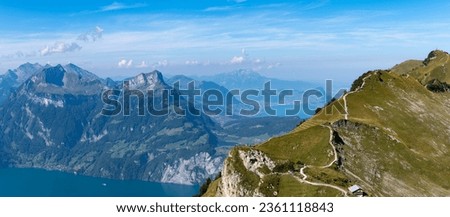 Gorgeous panoramic hiking trail in Stoos, from Mount Klingenstock to Mount Fronalpstock in the Swiss mountains. Mountain landscape. Influencer's paradise