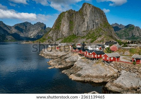 The idyllic and picture perfect fishing village of Hamnøy or Hamnøya, north Reine, Vestfjorden, Moskenes, Lofoten Islands, Nordland, Norway.