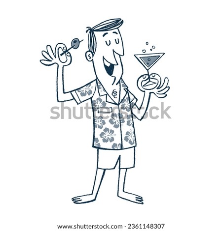 Vintage Style Clip Art - Casually dressed man, on summer vacation, drinking a cocktail - Vector EPS10 Illustration.