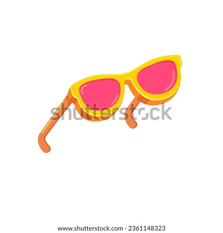 Yellow sunglasses with pink lens isolated on white background. Cartoon funny kids summer sunglasses icon, label and sign. Sunglasses vector graphic illustration