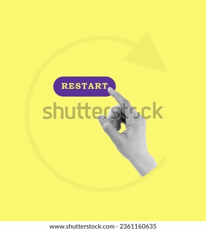 
Contemporary art collage of hand presses the restart button. Reboot concept. Modern design. Copy space.

