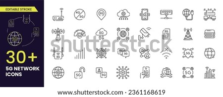 5G vector icon set Editable stroke.
It contains 5g network, signals, towers, bandwidth, routers connectivity etc, stroke icons collections. Royalty-Free Stock Photo #2361168619