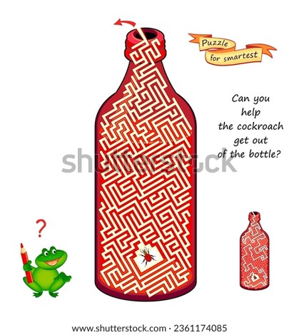 Best labyrinths. Can you help the cockroach get out of the bottle? Find the way. Logic puzzle game. Brain teaser book with maze. Activity sheet. Educational page for children. Vector illustration. Royalty-Free Stock Photo #2361174085