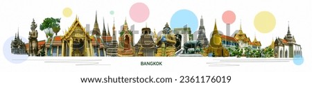 Collage of landmarks of Bangkok, Thailand. The Royal Palace palace of the king of Thailand at Bangkok. Opened as a tourist destination in Asia. Contemporary art design Royalty-Free Stock Photo #2361176019
