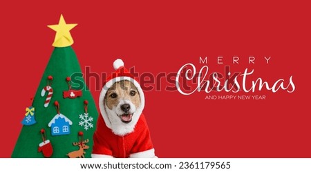 Merry Christmas and Happy New year background with dog wearing Santa Claus costume and decorated tree.