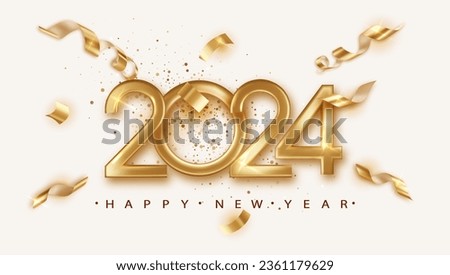 2024 Happy New Year greeting card template with festive golden numbers, realistic confetti, and warm congratulations, ideal for sharing holiday cheer. Royalty-Free Stock Photo #2361179629