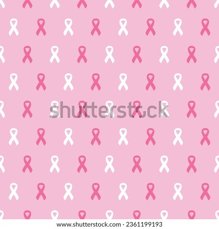 Seamless pattern with pink cancer ribbons. Breast Cancer Awareness Month pink and white background. Cancer ribbon symbol. Cancer prevention, women health care support. Hand drawn vector illustration