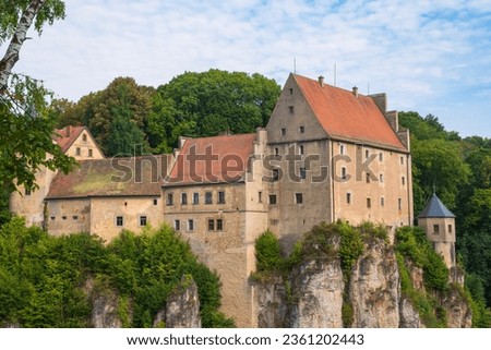View of the Wiesentfels rock castle near the town of the same name in the Wiesent Valley in Franconian Switzerland - Germany