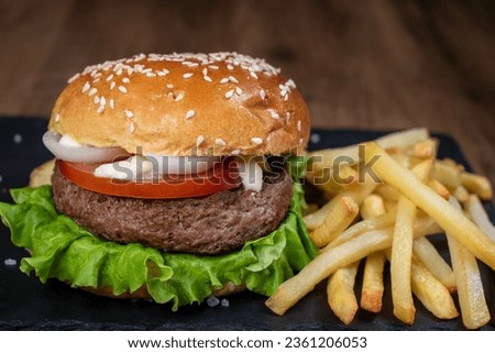 Hamburger with tomato lettuce and onion, fries on the side 