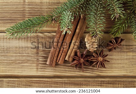 branches of fir-tree and seasoning on a wooden background