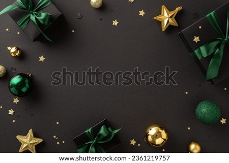 Santa's special delivery: Top-view shot of chic gift boxes, adorned with green bows, gold and green ornaments, star decorations, confetti on black backdrop, space for your festive wishes or promo