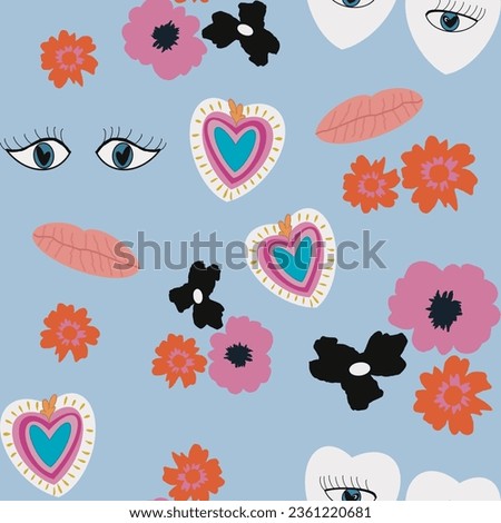 Seamless Eyes Kiss Me Heart Colored Flowers Background Print Pattern Texture Design