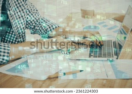 Businessman working on Laptop with technology theme drawing. Concept of big data. Double exposure.