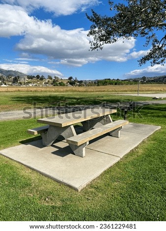 The picnic table made of wooden board or cement, light gray color, outside on a green lawn in summer under the sun's rays. Сozy picnic area by the lake.