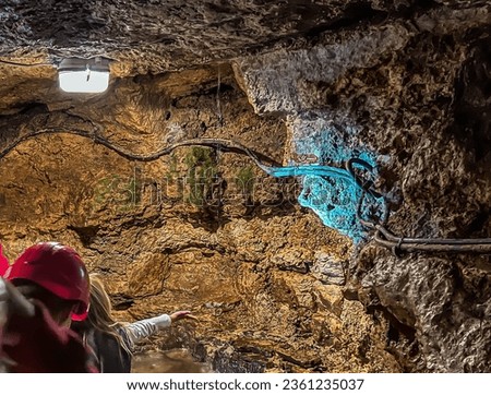 Underground of the historic silver mine in Tarnowskie Gory, a UNESCO heritage site. Lichens and small plants on underground rocks and water drops. Royalty-Free Stock Photo #2361235037