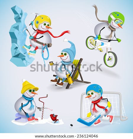 Set of five snowman spending time on winter vacation. Snowmen rise to the top, ride a bike, fish on Ice, play hockey, relaxing in a chair sipping a hot drink. Winter fun. Vector illustration.