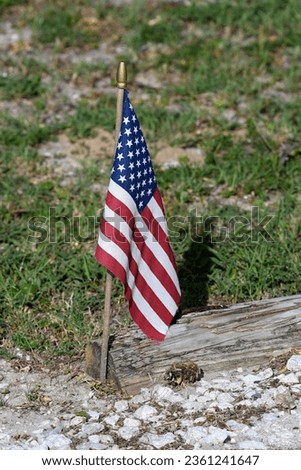 A lone, small United States of America flag posted at the end of a driveway with both grass and gravel in the picture.