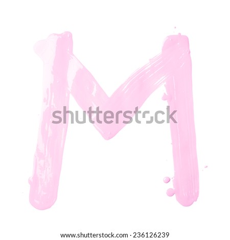 Letter M character hand drawn with the oil paint brush strokes, isolated over the white background
