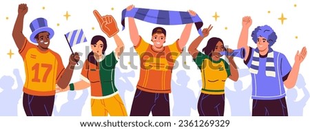 Crowd of sports fans poster. Cheerful characters with flags and posters, scarves and hats support basketball or football players. Cartoon flat vector illustration isolated on white background Royalty-Free Stock Photo #2361269329