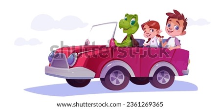 Car rides with kids. Smiling friendly turtle character with children boy and girl on red transport. Travel and adventure concept. Cartoon flat vector illustration isolated on white background